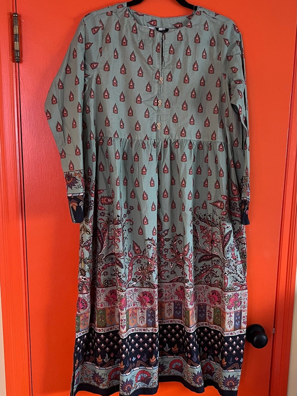 Long-Sleeve Sage Green Printed Midi Dress with Floral Border